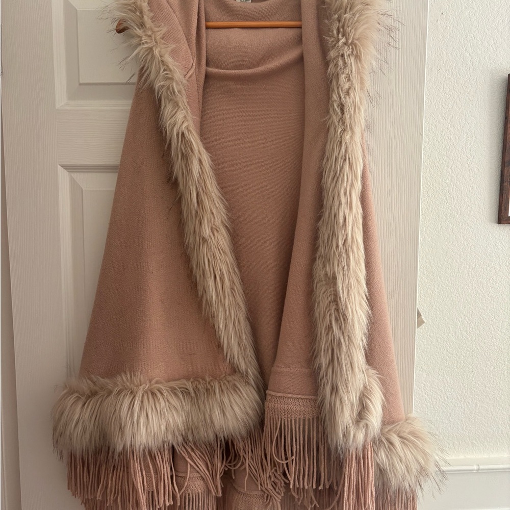 Faux Fur Trimmed Tan Poncho